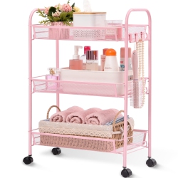 HLD 3-Tier Rolling Cart, Easy Assemble Mobile Storage Trolley On Wheels, Slide Out Utility Cart Shelving Units Kitchen Bathroom Laundry Room In Pink