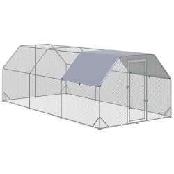 PAWHUT Chicken Run, Galvanized Large Metal Chicken Coop Cage, Walk-In Enclosure Poultry Hen Run House Playpen Rabbit Hutch \w Flat Roof, Cover, 9.2'