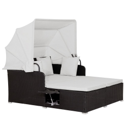 TOPBUY Outdoor Daybed With Retractable Canopy Pe Rattan Sunbed With Soft Cushions & Pillows 2 Folding Side Trays Red/off In White