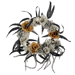 NORTHLIGHT Skulls With And Gray Roses Halloween Wreath, 14-Inch, Unlit In Orange