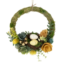 NORTHLIGHT 12" Easter Egg And Bird Nest Wreath With Wooden Flowers
