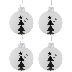 NORTHLIGHT Star Topped Trees Glass Ball Christmas Ornaments - 3" - And Black - 4Ct In White