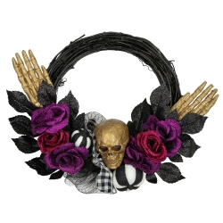 NORTHLIGHT Skull With Hands And Roses Halloween Twig Wreath, 22-Inch, Unlit In Purple