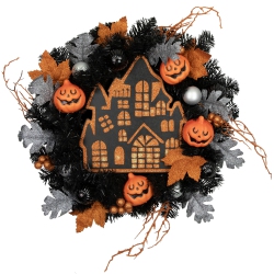 NORTHLIGHT And Black Haunted House Halloween Wreath, 24-Inch, Unlit In Orange