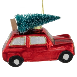 NORTHLIGHT Station Wagon With Tree Glass Christmas Ornament - 3.5" - In Red