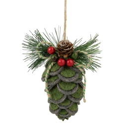 NORTHLIGHT 6" Felt Pine Cone With Berries Christmas Ornament In Green