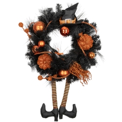 NORTHLIGHT And Black Witch And Pumpkins Halloween Wreath, 24-Inch, Unlit In Orange