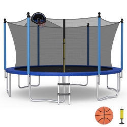 GYMAX 12/14/15/16Ft Recreational Trampoline W/ Inner Enclosure Net Basketball Hoop Ladder
