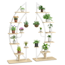 GYMAX 2PCs 6 Tier Curved Stand 9 Potted Metal Plant Stand Holder Display Shelf W/ Hook