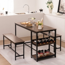 GYMAX 3PCs Rustic Kitchen Dining Set Includes Storage Rack W/ Rectangular Table & 2 Benches