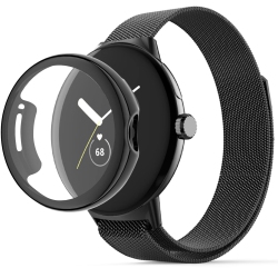 HLD Besiofo Compatible for Google Pixel Watch Bands \w Screen Protector Case, Stainless Steel Mesh Sport Milanese Loop Adjustable No Gap Bracelet For