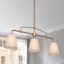 UOLFIN Modern Farmhouse Bedroom Chandelier, 26 In. 3-Light Kitchen Island Linear Pendant Light With Fabric Shade In Gold