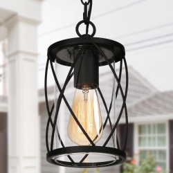 UOLFIN Modern Lantern Outdoor Hanging Light, 6.5-In Cage Lantern Traditional Clear Glass Cylinder Led Mini Outdoor Hanging Pendant Light In Black