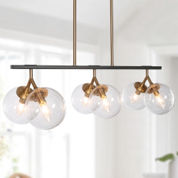 UOLFIN Modern Farmhouse Chandelier, 6-Light And Brass Gold Dining Room Island Chandelier With Seeded Glass Shade In Black