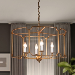 UOLFIN Modern Drum Island Pendant Light, 4-Light Brushed Cage Dining Room Chandelier In Gold