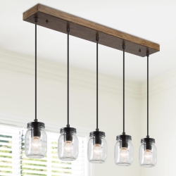 UOLFIN Modern Mason Jar Chandelier Light, 5-Light Linear Island Pendant Light With Faux Wood Accent In Black