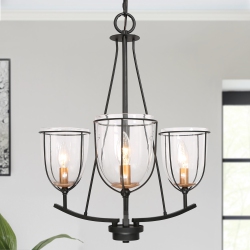 UOLFIN Modern Industrial Island Chandelier, 3-Light Farmhouse Gold Candlestick Chandelier Light With Clear Glass Shade In Black