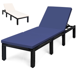 COSTWAY Patio Rattan Lounge Chair Chaise Recliner Adjust Cushion Navy & Off Cover In White