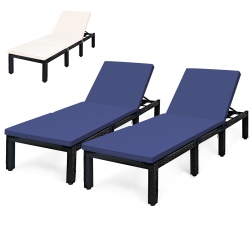 COSTWAY 2PCs Patio Rattan Lounge Chair Chaise Recliner Adjust With Navy & Off Cover In White