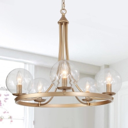 UOLFIN Modern Chandelier Pendant Light 5-Light Wagon Wheel Dining Room Chandelier With Seed Glass Shades In Gold