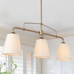 UOLFIN Farmhouse Dining Room Chandelier, 32 In. 3-Light Modern Linear Island Chandelier With Fabric Shades In Gold