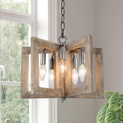 UOLFIN Farmhouse Wood Chandelier, 5-Light Geometric Open Cage Chandelier Ceiling Light