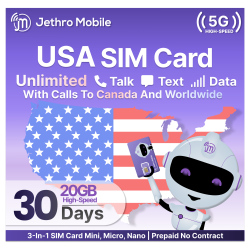 JETHRO MOBILE Prepaid Usa Travel Sim Card, 4G Lte High-Speed Data, Unlimited Talk And Text, No Contract, 30 Days