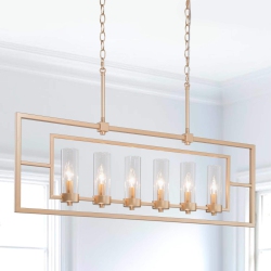 UOLFIN Modern Linear Kitchen Island Chandelier 6-Light Rectangle Chandelier With Clear Glass Shades In Gold
