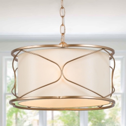 UOLFIN Modern Brass Cage Chandelier, 3-Light Bedroom Drum Semi Flush Mount Light With Fabric Shade In Gold