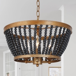 UOLFIN Modern Drum Dining Room Chandelier Light 3-Light Antique Gold Round Chandelier With Wooden Beads In Black