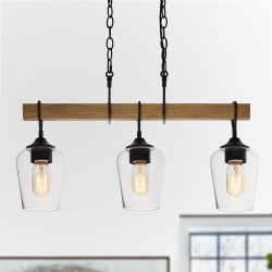 UOLFIN Modern Dining Room Chandelier, 25 In. 3-Light Farmhouse Faux Wood Pendant Hanging Light for Kitchen And Bedroom In Black