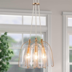 UOLFIN Modern Dining Room Chandelier, 3-Light Bell Chandelier With Seeded Glass Shades In Gold