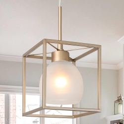 UOLFIN Modern Lantern Island Pendant Light, 1-Light Cage Chandelier Pendant Light With Frosted Glass Shade In Gold