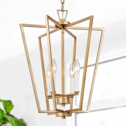 UOLFIN Modern Vintage Cage Chandelier, 3-Light Antique Geometric Pendant Light for Dining Room In Gold