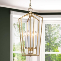 UOLFIN Cage Pendant Light, Modern 4-Light Geometric Dining Room Chandelier Pendant Light With Candle Style In Gold