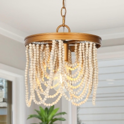 UOLFIN Modern Farmhouse Empire Beaded Chandelier Light, 1-Light Transitional Boho Candlestick Chandelier With Wood Beads In White