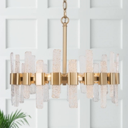 UOLFIN Modern Kitchen Chandelier, 6-Light Farmhouse Dining Room Ceiling Light With Icing Glass Strips In Gold