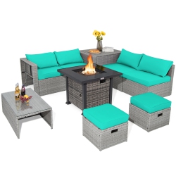 TOPBUY 9 Pieces Outdoor Patio Furniture Set \w 32-Inch Propane Fire Pit Table Outdoor Pe Wicker Space-Saving Sectional Sofa Set \w Storage Box And