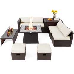 TOPBUY 9 Pieces Outdoor Patio Furniture Set \w 35-Inch Propane Fire Pit Table Outdoor Pe Wicker Space-Saving Sectional Sofa Set \w Storage Box And