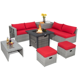 TOPBUY 9 Pieces Outdoor Patio Furniture Set \w 32-Inch Propane Fire Pit Table Outdoor Pe Wicker Space-Saving Sectional Sofa Set \w Storage Box And