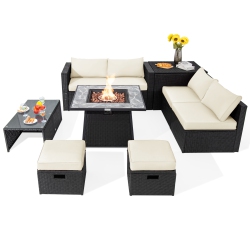TOPBUY 9 Pieces Outdoor Pe Rattan Wicker Sectional Sofa With 35-Inch Gas Fire Pit Table Space-Saving Patio Conversation Set With Storage Box