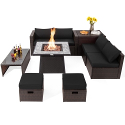 TOPBUY 9 Pieces Outdoor Patio Furniture Set \w 35-Inch Propane Fire Pit Table Outdoor Pe Wicker Space-Saving Sectional Sofa Set \w Storage Box And