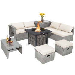 TOPBUY 9 Pieces Outdoor Patio Furniture Set \w 32-Inch Propane Fire Pit Table Outdoor Pe Wicker Space-Saving Sectional Sofa Set \w Storage Box And