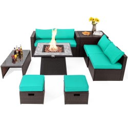 TOPBUY 9 Pieces Outdoor Patio Furniture Set \w 35-Inch Propane Fire Pit Table Outdoor Pe Wicker Space-Saving Sectional Sofa Set \w Storage Box And