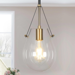 UOLFIN Modern Industrial Island Pendant Light, 1-Light Farmhouse Hanging Pendant Light With Clear Gourd Glass Shade In Black