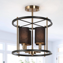UOLFIN Drum Ceiling Light, 4-Light Modern And Brass Cage Semi-Flush Mount Light With Fabric Shades In Black