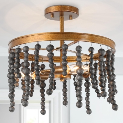 UOLFIN 3-Light Modern And Gold Round Semi-Flush Mount Light With Wooden Beads In Black
