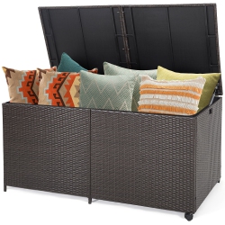 GYMAX Patio 175 Gallon Rattan Wicker Storage Deck Box Container Wheels W/ Liner Garden