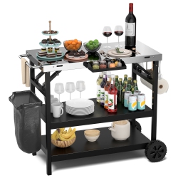 GYMAX 3-Shelf Movable Grill Cart Table Home & Outdoor Multifunctional Stainless Steel