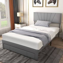 GYMAX Full/queen Upholstered Bed Frame Platform Bed With Drawer & Adjustable Headboard In Grey